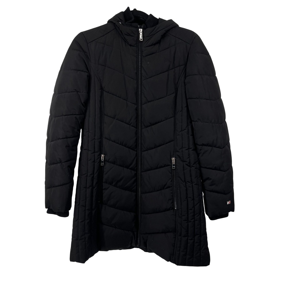 Tommy Hilfiger Womens Black Chevron Quilted Puffer Jacket Hooded Mid-Length XS